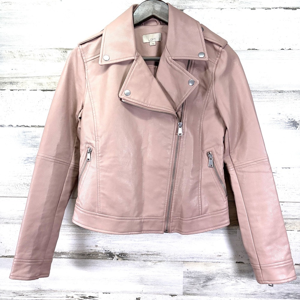 Ann Taylor LOFT Womens Pink Vegan Leather Biker Motorcycle Zip Up Jacket Size‎ 0